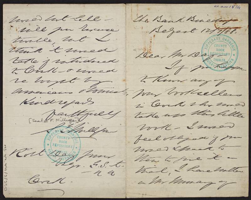 Letter from Seaton F. Milligan to Robert Day, concerning the publication of a book by Milligan,