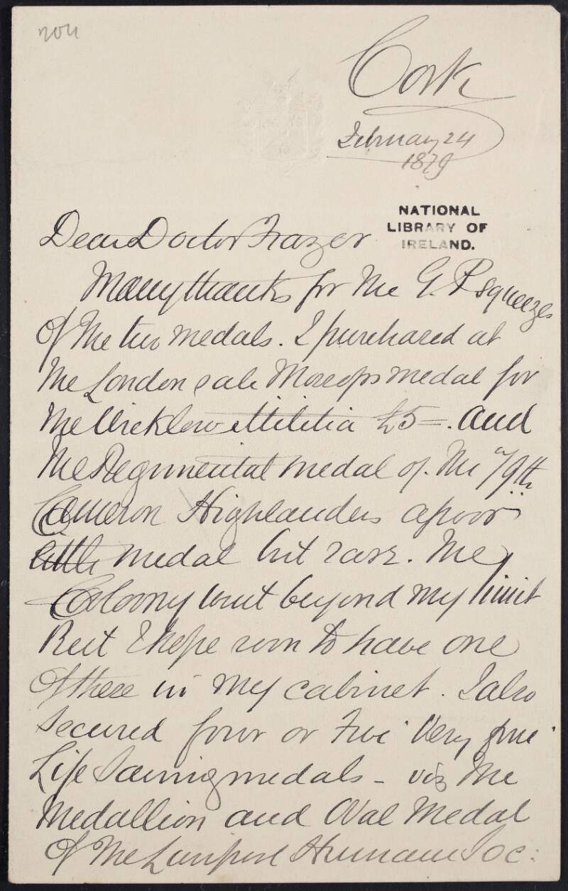 Letter from Robert Day to Doctor Frazer, thanking him for two medals and describing medals he purchased at the London sale,