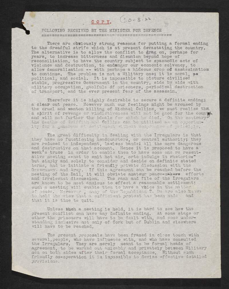 Copy of letter to Richard Mulcahy, Minister for Defence, regarding the death of Michael Collins and bringing an end to the Civil War,