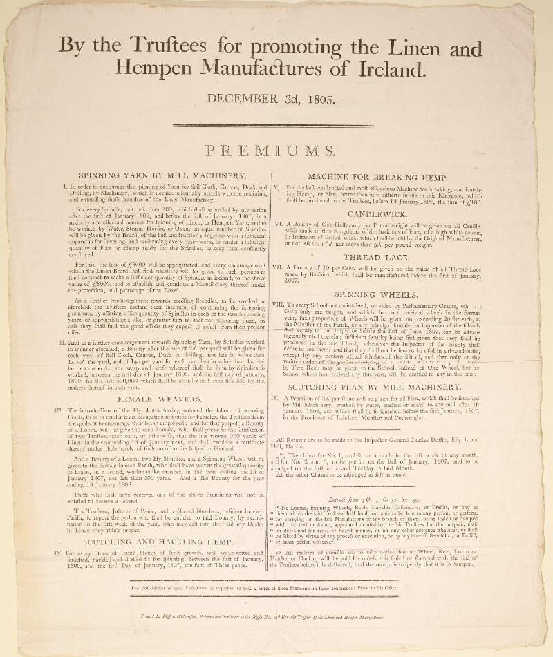 By the Trustees for promoting the linen and hempen manufactures of Ireland : December 3d, 1805, premiums /