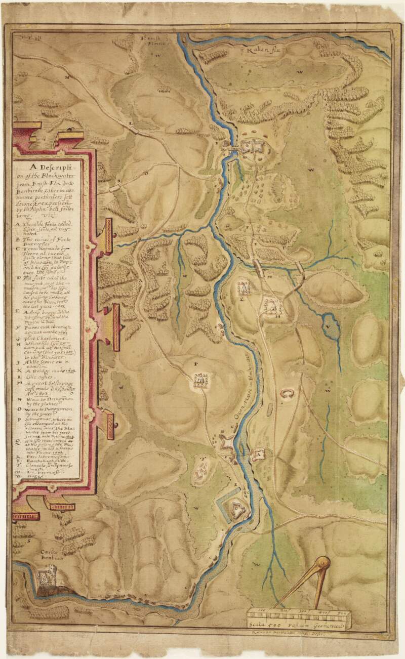 Map and description of Blackwater Valley, showing fortified positions of Irish and English in the O'Neill wars,