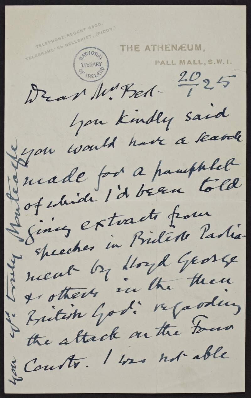 Letter from Thomas Spring-Rice, Monteagle of Brandon, to R.I. Best, National Library of Ireland, concerning his search for a pamphlet of speeches in the British Parliament regarding "the attack on the four courts",