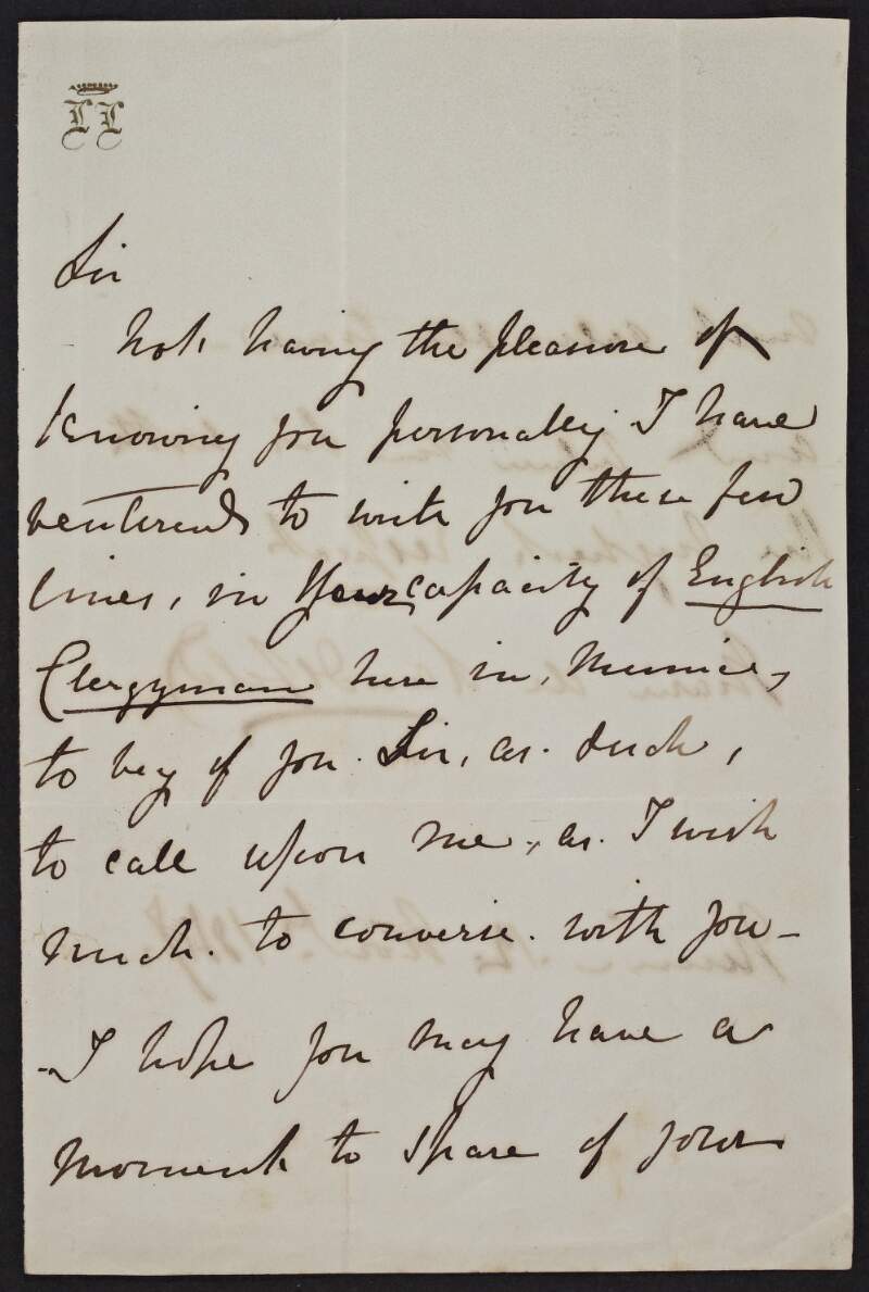 Letter from Lola Montez to an "English clergyman", concerning her wish to speak with him,