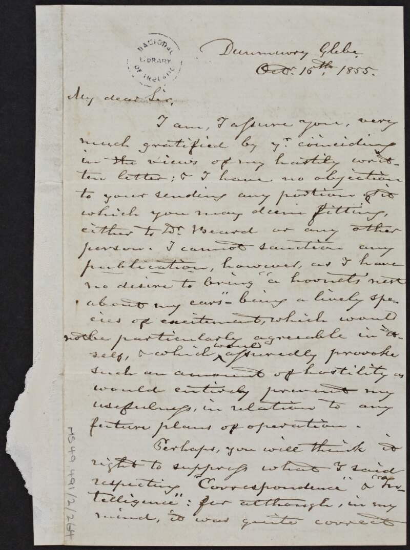 Letter from Henry Montgomery to E. Grundy, granting permission to distribute a previous letter by Montgomery to certain people but refusing to sanction its publication,