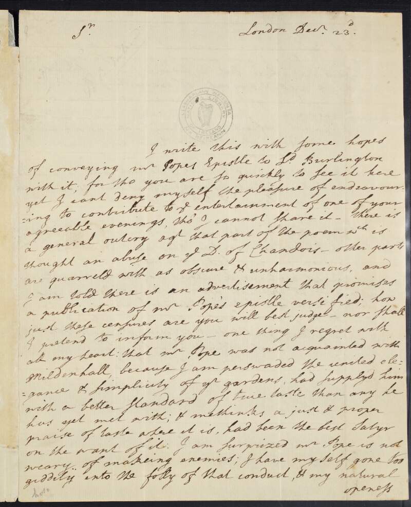 Letter from Patrick Delany to Sir Thomas Hanmer regarding conveying the Pope's Epistle to Lord Burlington,