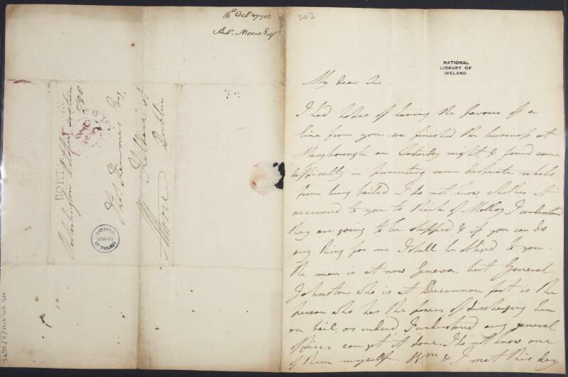 Letter from Arthur Moore to Thomas Kemmis, crown solicitor, concerning the activities of the circuit court in Maryborough [Portlaoise], County Laois, including the "difficulty in preventing some desperate rebels being bailed",