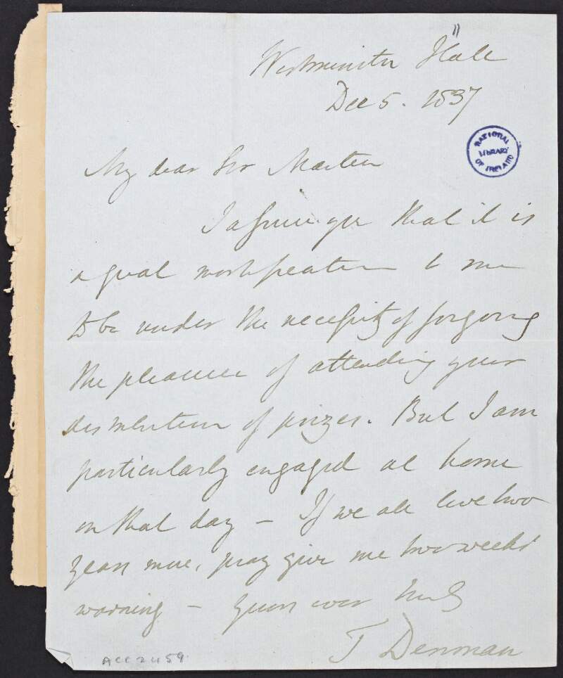 Letter from Thomas Denman to Martin [Archer Shee], explaining he cannot attend his event,