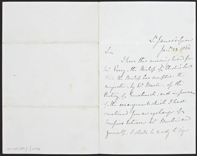 Letter from Edward George Geoffrey Smith, Earl of Derby to Rev. W. Black, explaining that the Bishop has accepted the resignation by W. [Barlow?],
