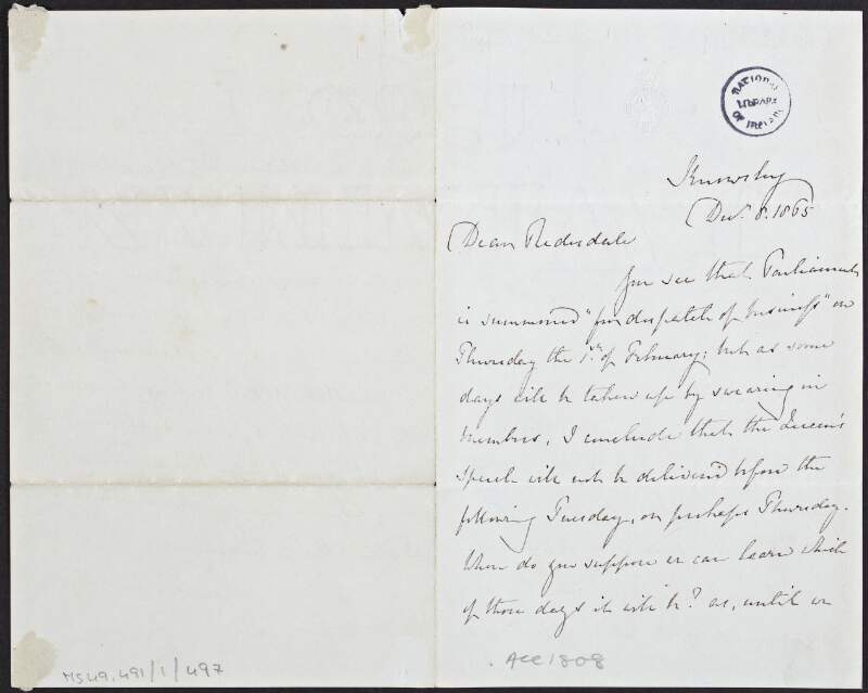 Letter from Edward George Geoffrey Smith Stanley [Earl of Derby] to Lord Redesdale, claiming that the Queen's speech will be delivered before the following Tuesday,
