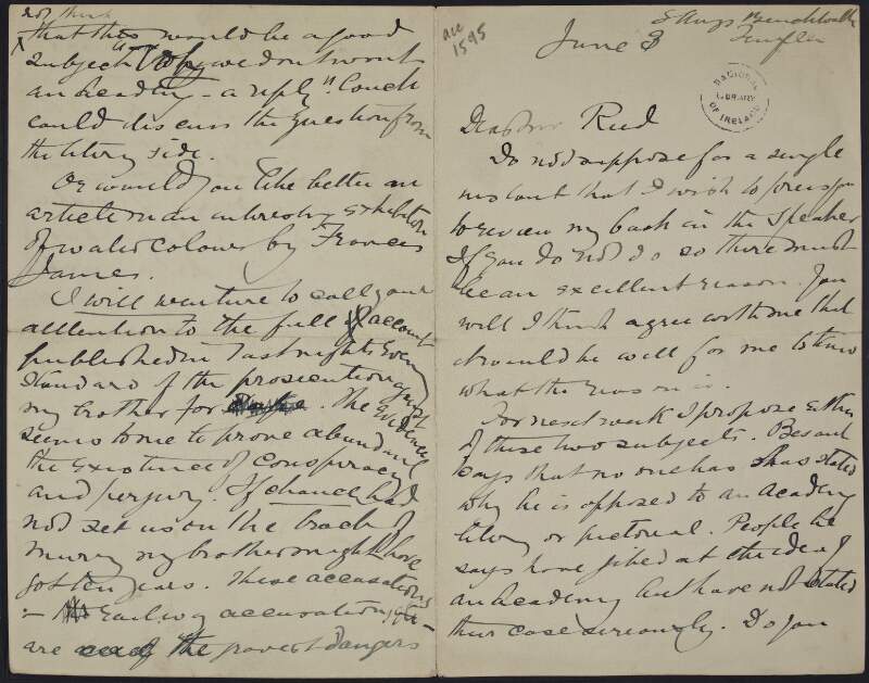 Letter from George Moore to a Mr. Reed, concerning an article to be written by Moore and the prosecution of his brother,