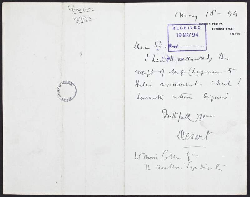 Letter from William Ulick O'Connor Cuffe [Earl of Desart] to William Morris Colles, returning the receipt of "Chapman and Hall" which is signed,