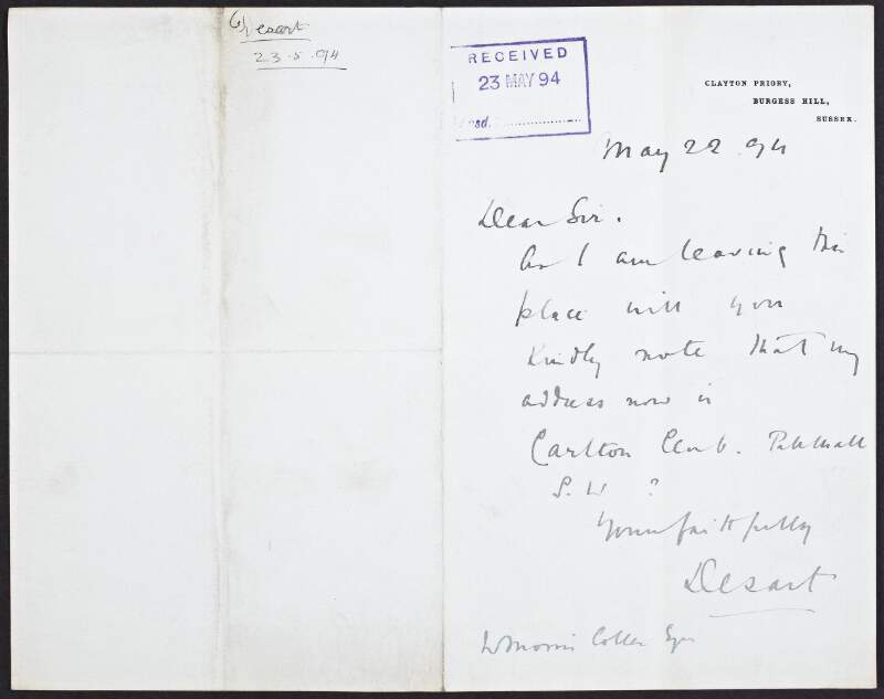 Letter from Lord Desart [William Ulick O'Connor Cuffe] to William Morris Colles, informing him that his address has changed to "Carlton Club Pall Mall S.W."