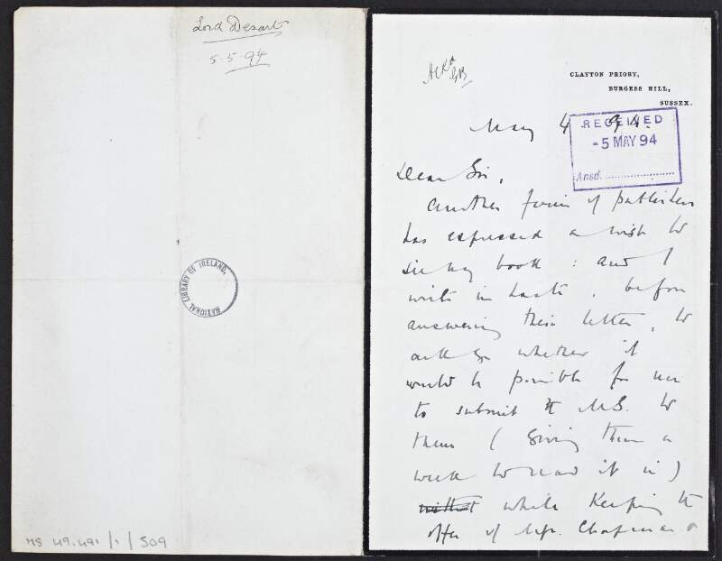 Letter from Lord Desart [William Ulick O'Connor Cuffe] to William Morris Colles, concerning interested parties in publishing his book,
