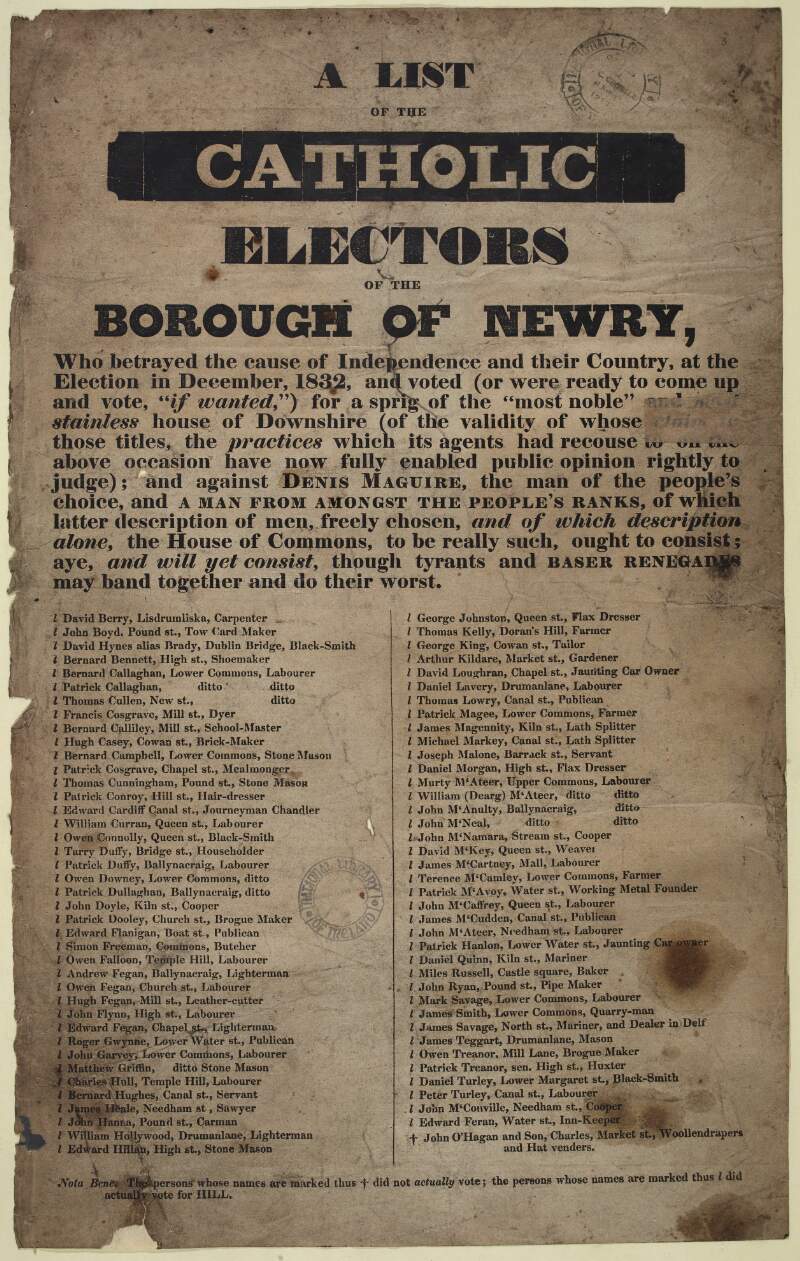 A list of the Catholic electors of the Borough of Newry : who betrayed the cause of independence and their country ...