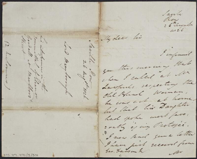 Letter from Baron Maryborough [William Wellesley-Pole] to unknown recipient concerning the illegal committal of Eleanor Goodall,
