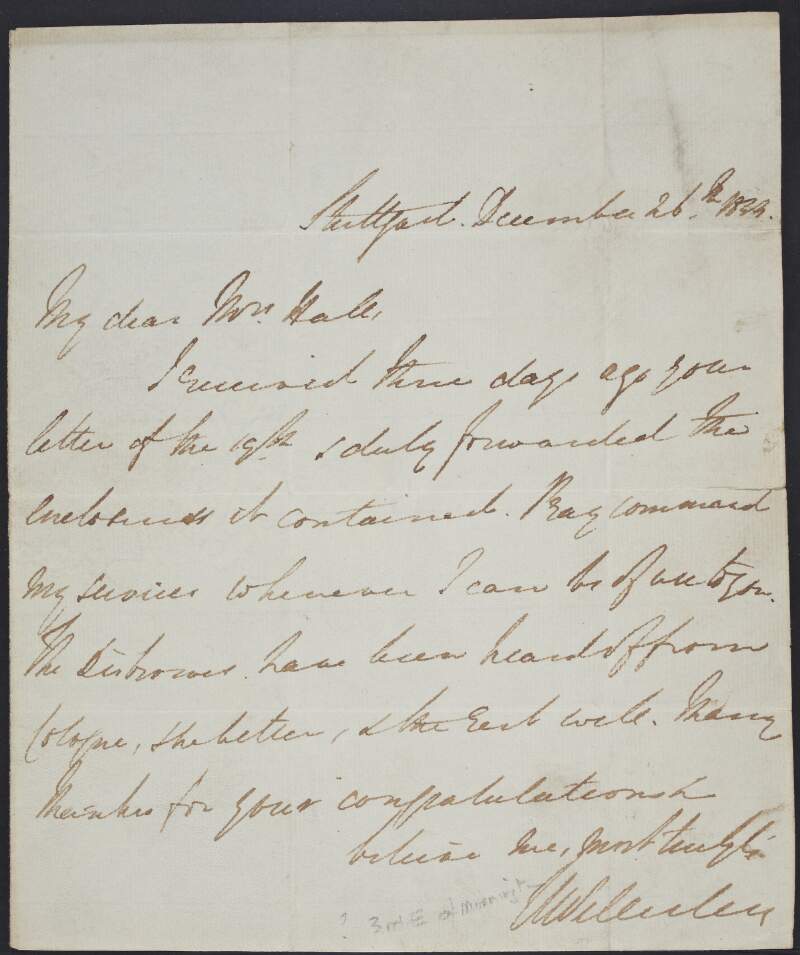 Letter from [William Long?] Wellesley, Stuttgart, Germany, to a Mrs. Hall, thanking her for her letter,