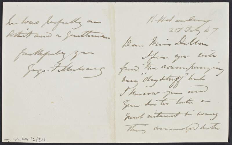 Letter from George F. Mulvany to a Miss Dillon, concerning the interest of Dillon and her sister in fine art and the death of William John Thomas Collins,