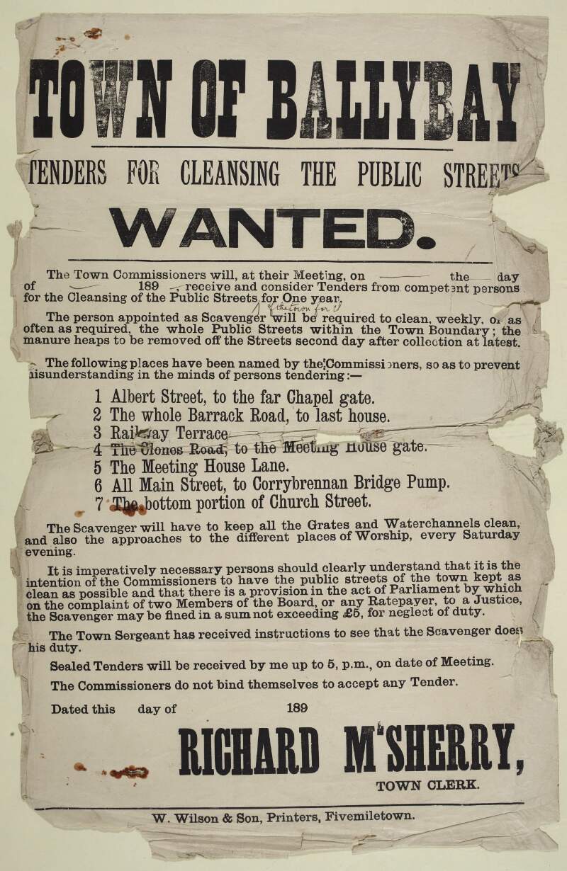 Town of Ballybay : tenders for cleansing the public streets wanted /
