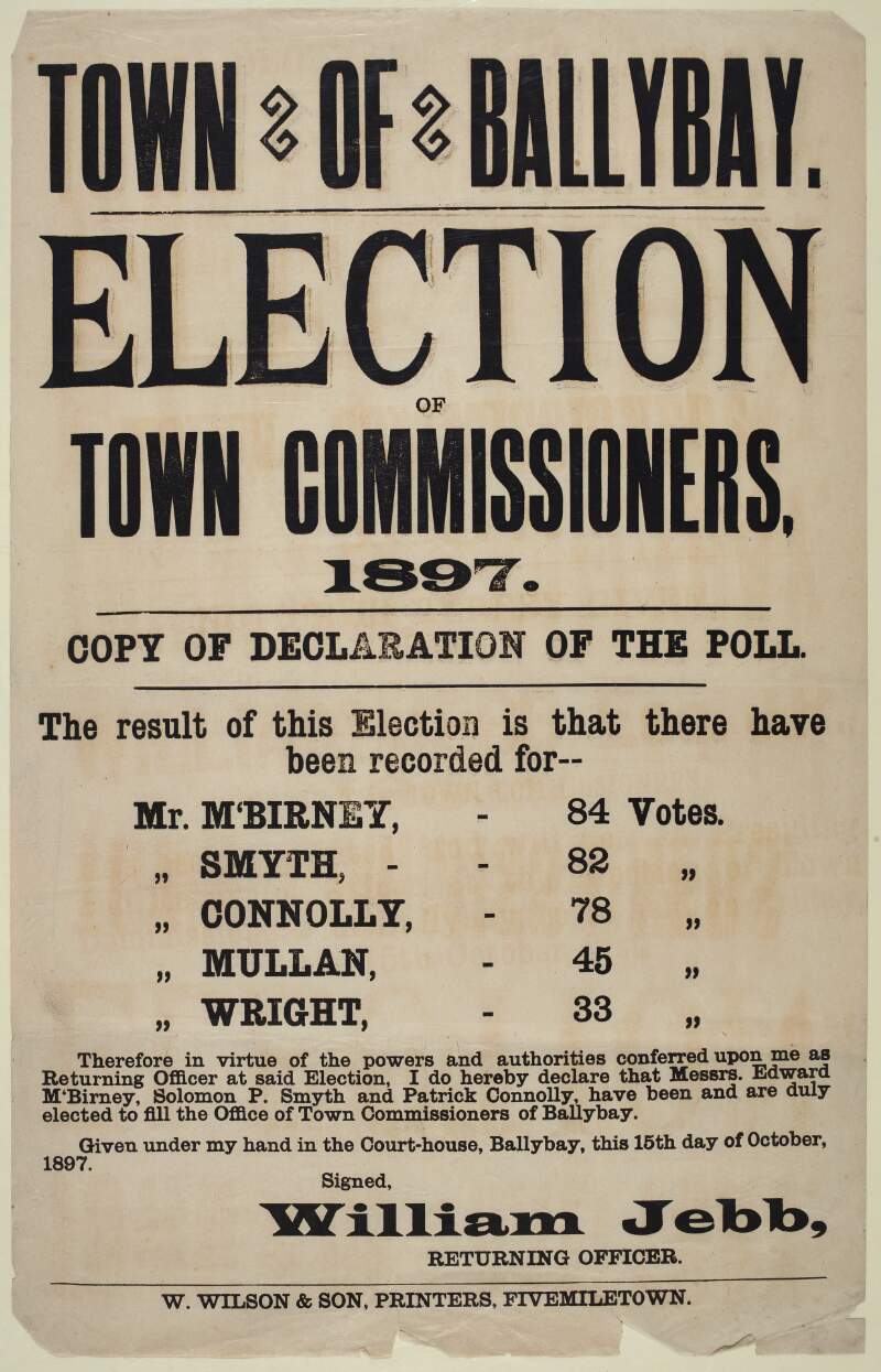 Town of Ballybay : election of Town Commissioners, 1897 ... copy of declaration of the poll ... I do hereby declare that Messrs. Edward McBirney, Solomon P. Smyth and Patrick Connolly, have been and are duly elected to fill the Office of Town Commissioners of Ballybay.