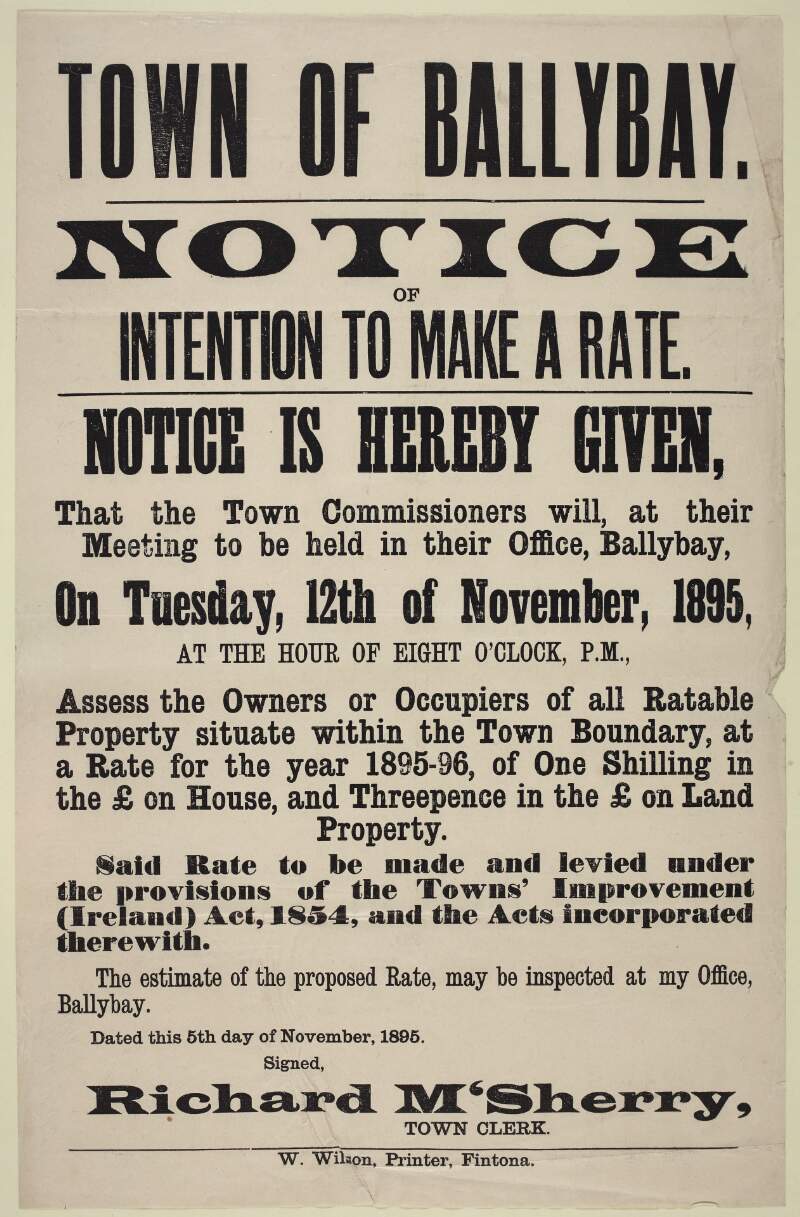 Town of Ballybay : notice of intention to make a rate /