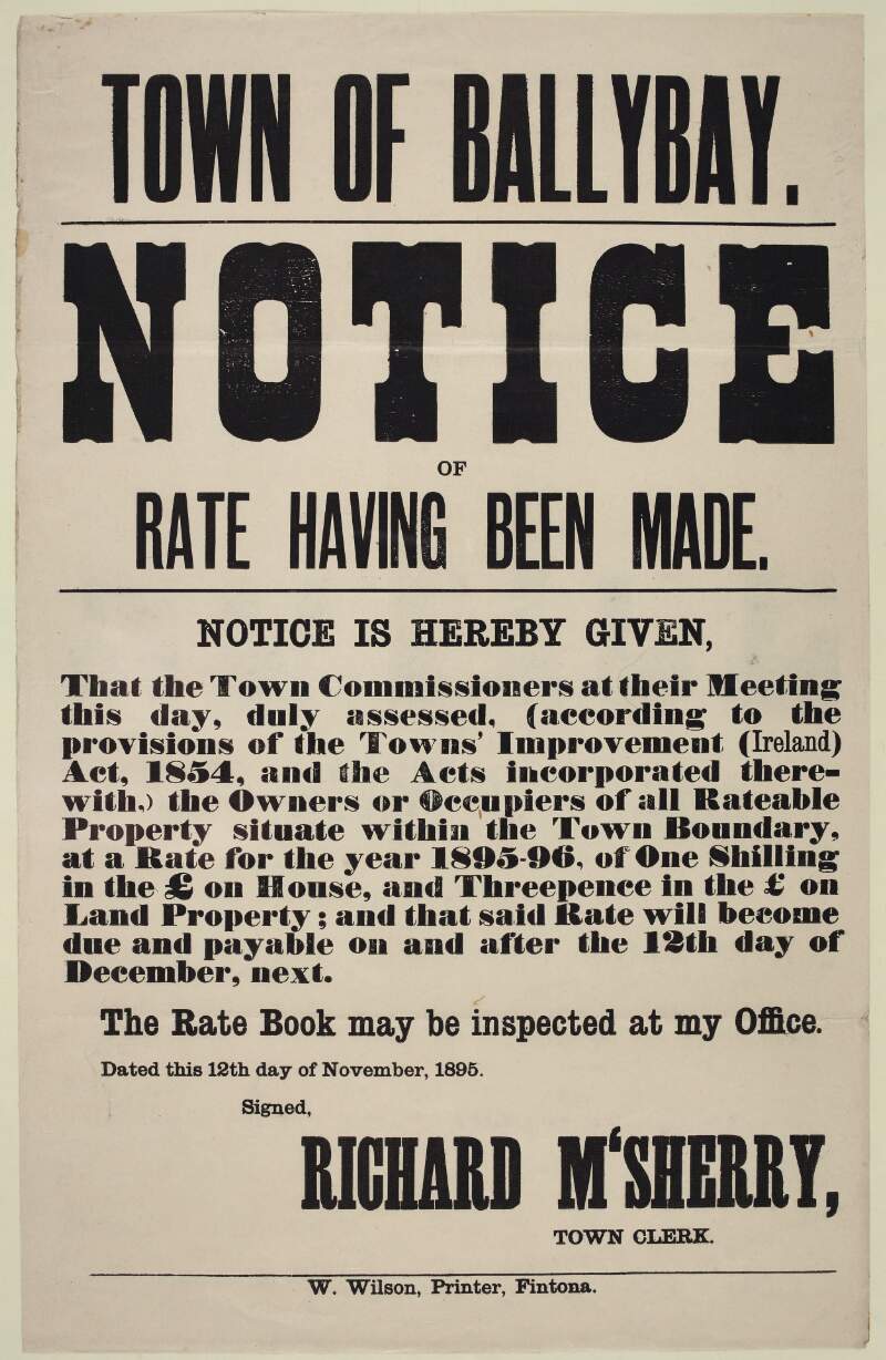 Town of Ballybay : notice of rate having been made  /