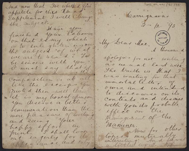 Letter from T.C. Murray to Mr. McCarthy, concerning the contents of the "Xmas supplement" of the 'Weekly Sun' which he promises to send to McCarthy,