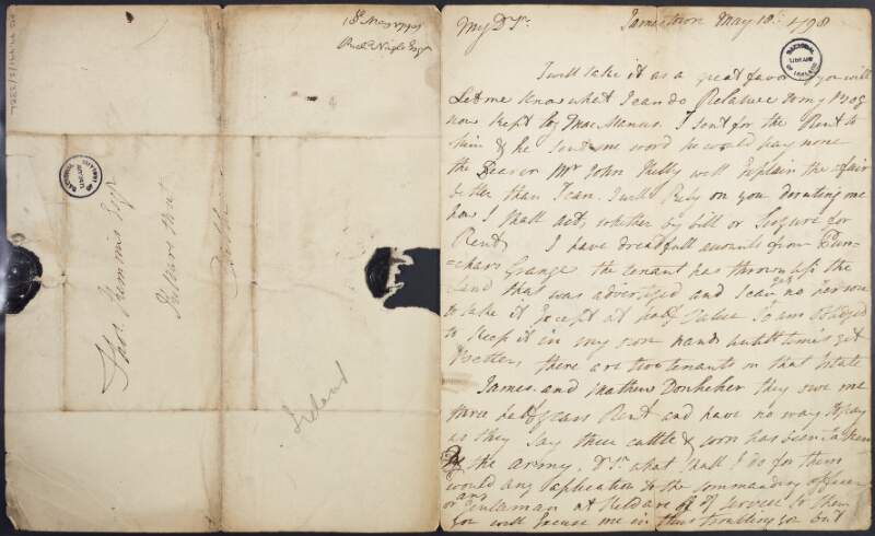 Letter from Richard Nagle, Jamestown, County Laois, to Thomas Kemmis, crown solicitor, regarding the management of estates and collection of money from tenants,