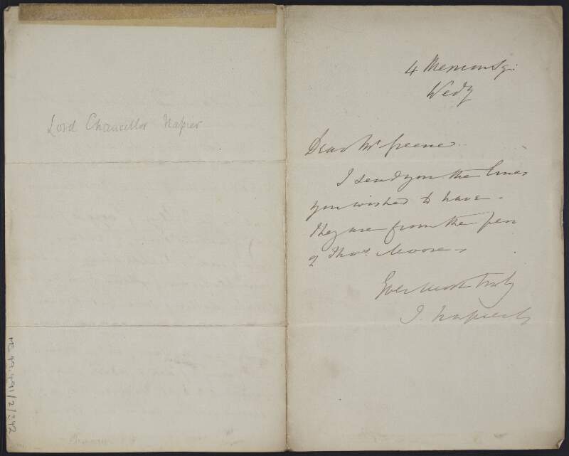 Letter from Jospeh Napier to Mr. Greene, including the poem 'This world is but a fleeting show' by Thomas Moore,
