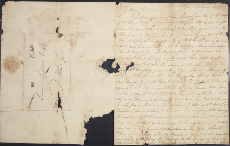 Letter from D. Nash to James Lopdell, appealing for leniency in relation to the payment of a debt and including an outline of the legal case against him,