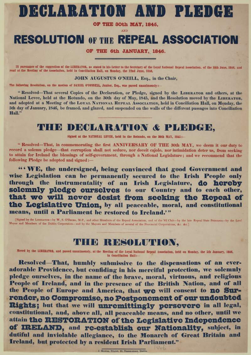 Declaration and pledge of the 30th May, 1845 and resolution of the repeal association of the 6th January, 1846.