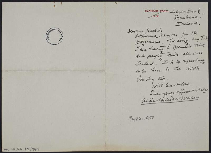 Letter from Alicia Adélaïde Needham to Miss Joachim, concerning her visit to Ireland,