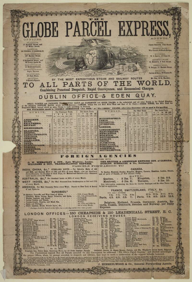 The Globe Parcel Express : by the most expeditious steam and railway routes to all parts of the world, combining punctual despatch, rapid conveyance, and economical charges.