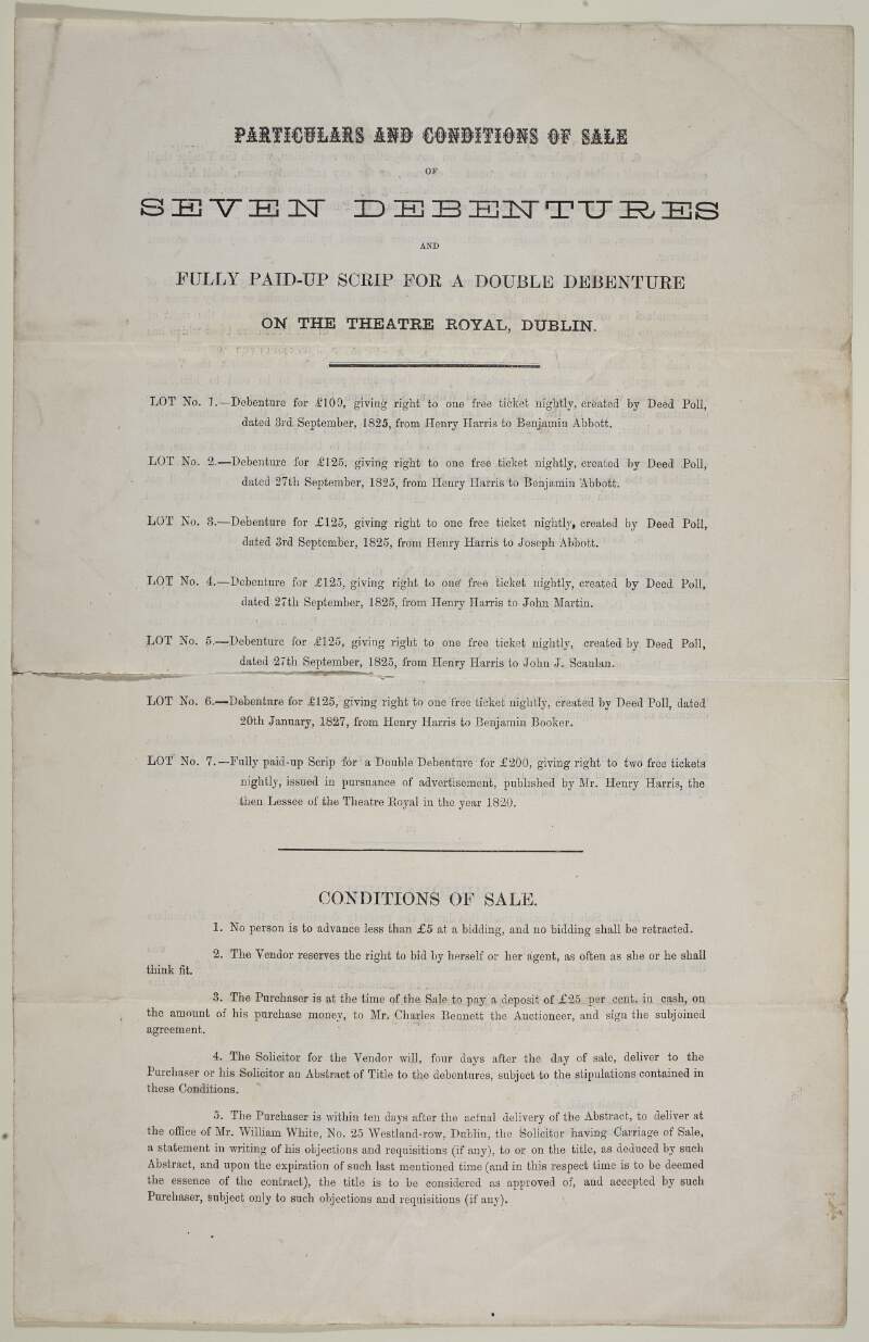 Particulars and conditions of sale of seven debentures and fully paid-up scrip for a double debenture on the Theatre Royal, Dublin.