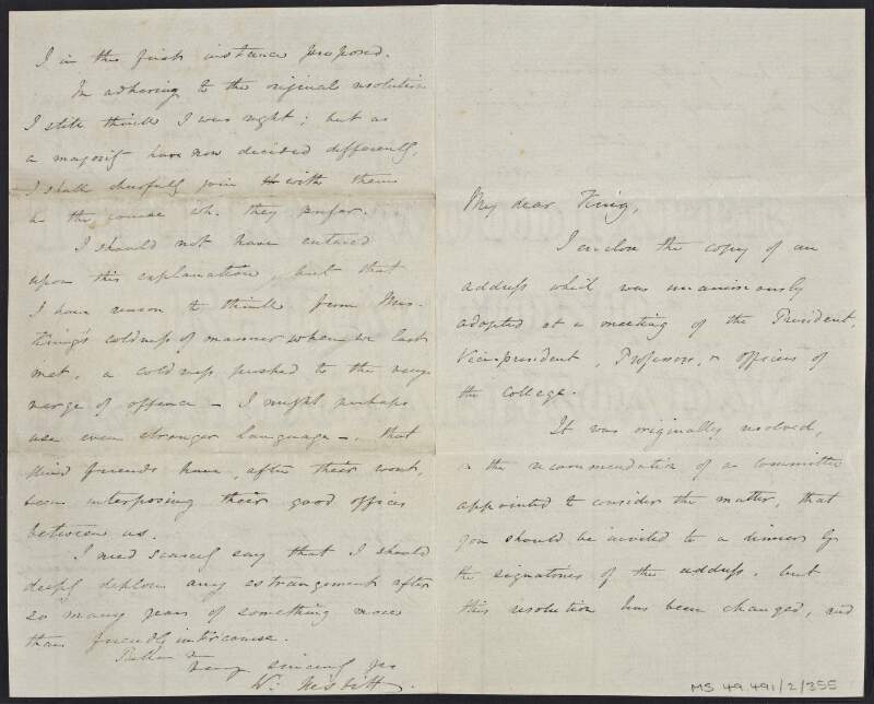 Letter from William Nesbitt to Mr. King, concerning the decision of a committee to pay tribute to King with an address and "piece of plate", rather than holding a dinner in his honour,