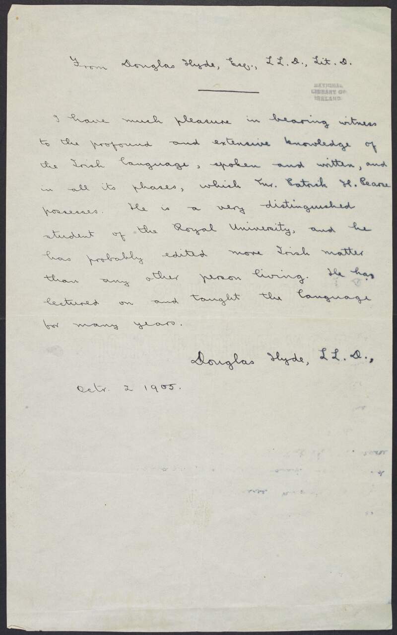 Copy of academic reference for Padraic Pearse from Douglas Hyde, Royal University,