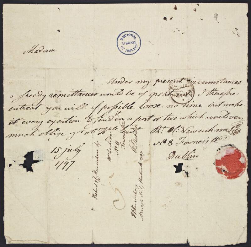 Letter from Robert C. Newenham to Mrs. Ryan, requesting that she send him "a speedy remittance",