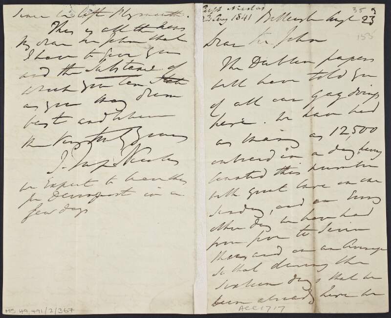 Letter from John Toup Nicolas, on board the 'Belleisle', to "Sir John", detailing the visit of the naval ship to Dublin and the hospitality of the Lord Leiutenant,