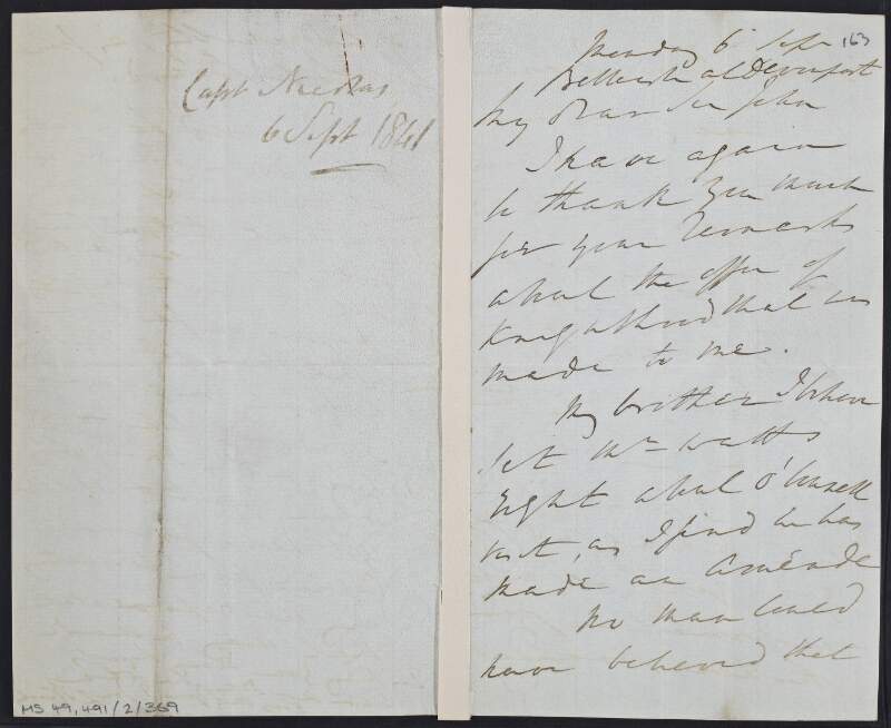 Letter from John Toup Nicolas, on board the 'Belleisle', to "Sir John", concerning his reasons for declining the offer of knighthood,