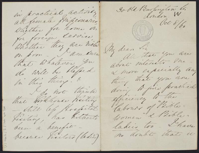 Letter from Florence Nightingale to unknown recipient, concerning the importance of training female missionaries and "probationers" to care for the sick, and discussing her own health, f 1860 Oct. 8.