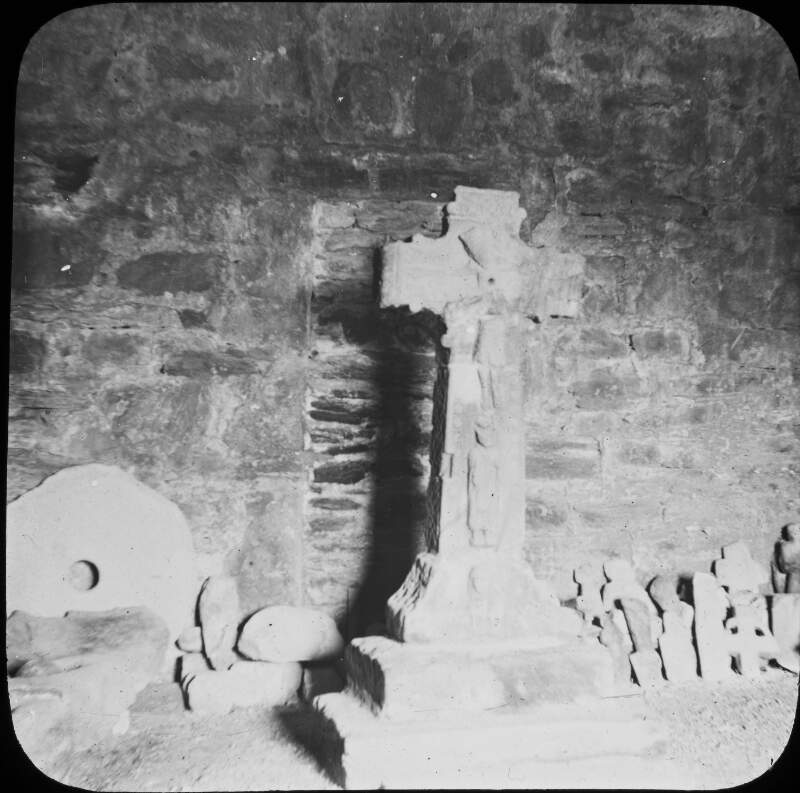 Cross, mill wheel, stone figures/crosses, St. Kevin's, Glendalough, Co. Wicklow