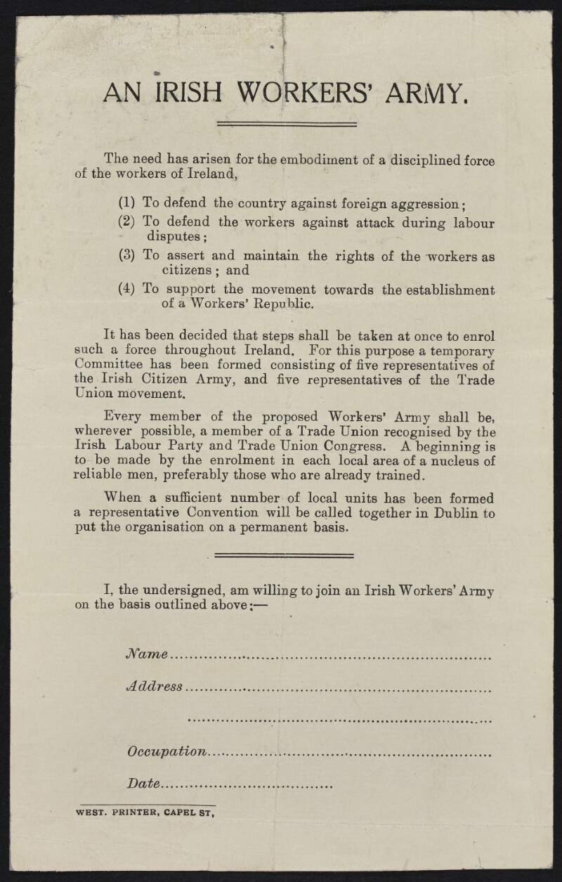 Recruitment form for the Irish Citizen Army,