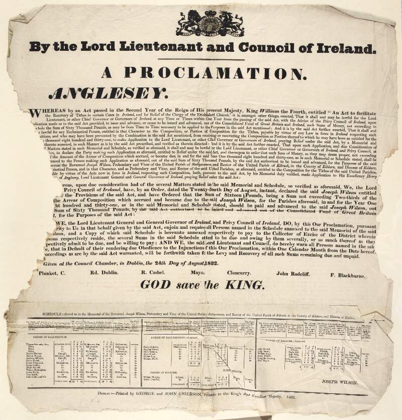 By the Lord Lieutenant and Council of Ireland. A proclamation. Anglesey : whereas by an Act passed ...entitled "An Act to facilitate the recovery of tithes in certain cases in Ireland, and for the relief of the clergy ...