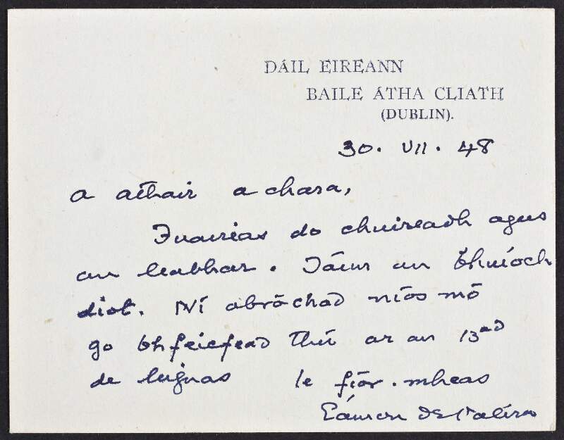 Letter from Éamon De Valera to [Peadar Mac Suibhne], regarding an invitation and acknowledging he received a book,