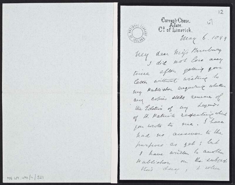 Letter from Aubrey De Vere to Miss Bunbury, stating that he has been in touch with his publisher to find out if there are copies of 'The Legends of St. Patrick',