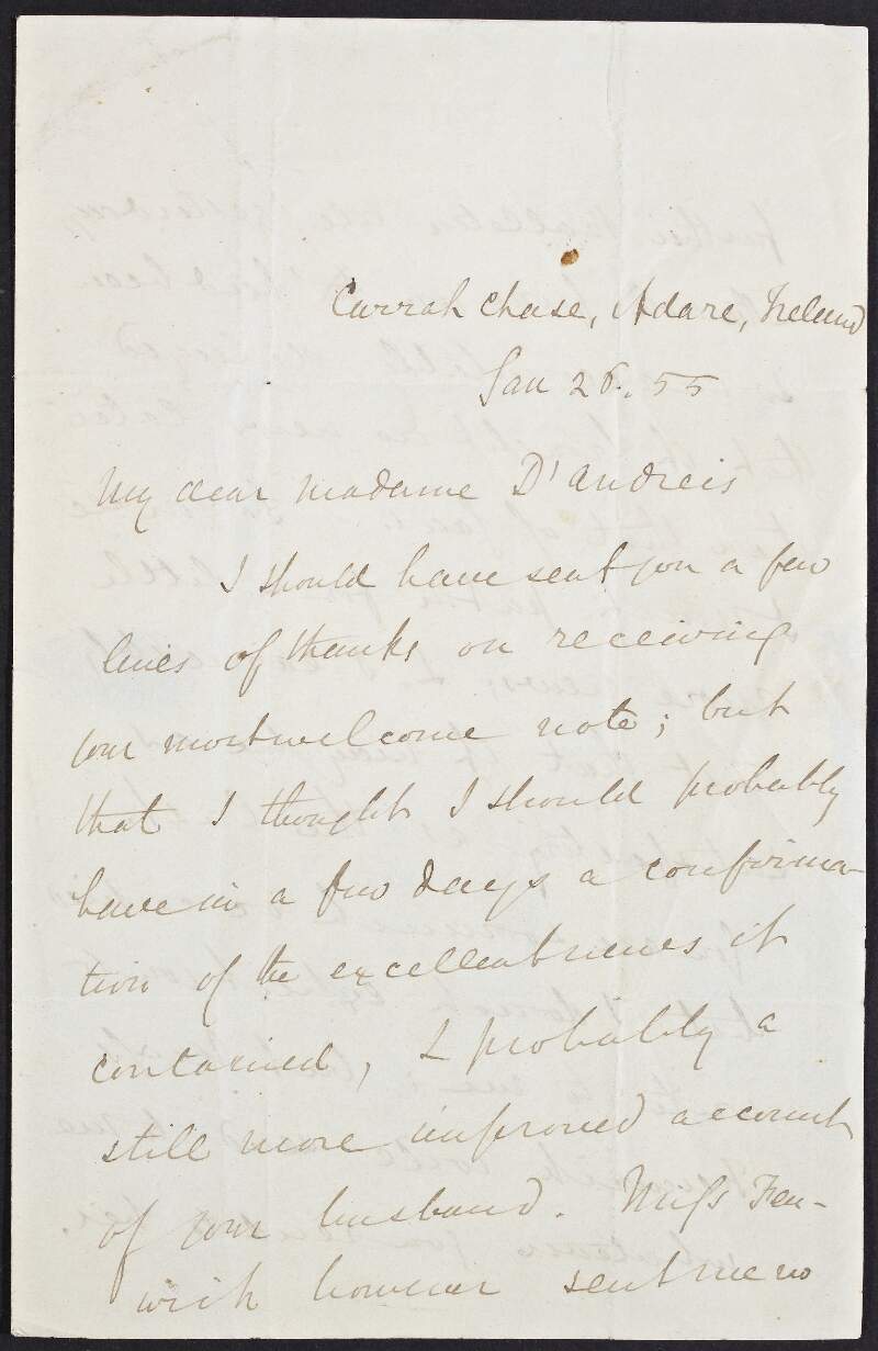 Letter from Aubrey De Vere to Madame D'Audreis, stating that it is difficult to get to Paris at present and that his mother is pretty well,
