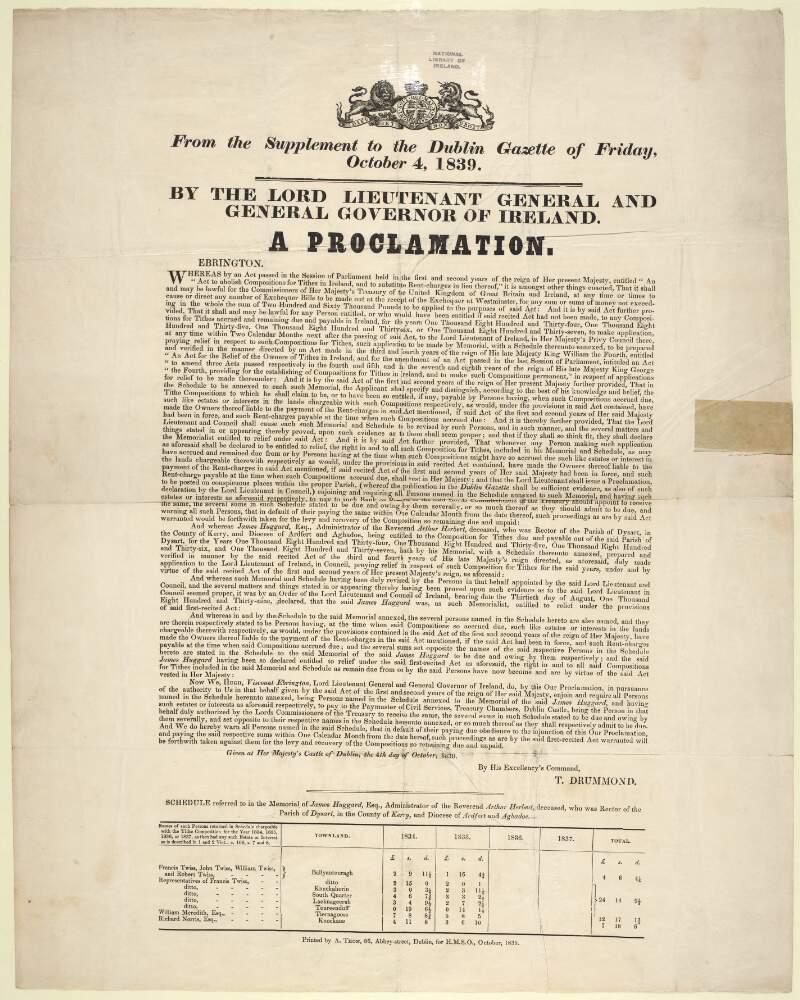 By the Lord Lieutenant General and General Governor of Ireland. A proclamation. Ebrington : whereas by an Act passed ... entitled "An Act to abolish compositions for tithes in Ireland, and to substitute rent-charges in lieu thereof" ...
