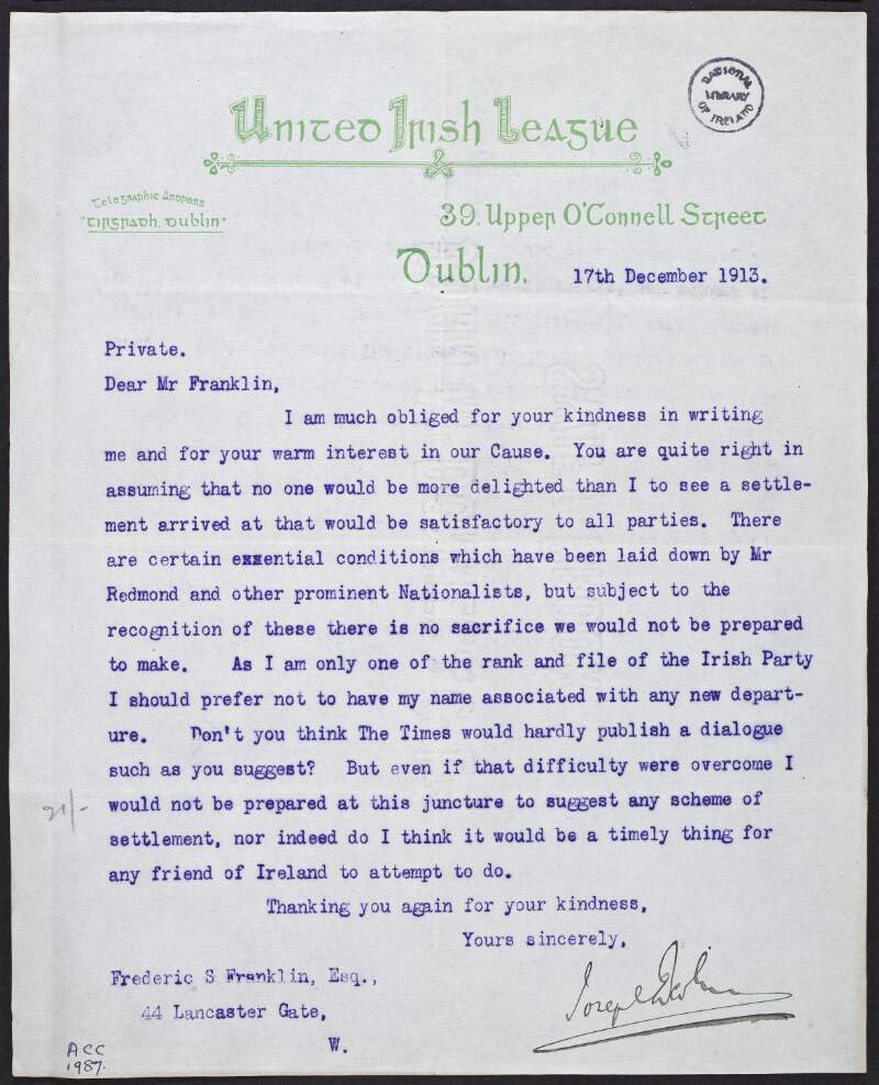 Letter from Joseph Devlin to Frederic S. Franklin, thanking him for the "warm interest in our Cause" and that he would be delighted to see a settlement "satisfactory to all parties",