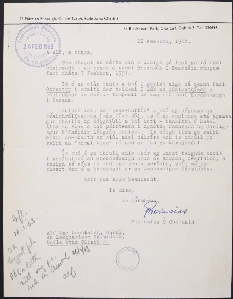 Letter from Proinsias Ó Conluain to Alf MacLochlainn, National Library of Ireland, donating a postcard from Brendan Behan, and recounting his experiences making a radio programme with Behan,