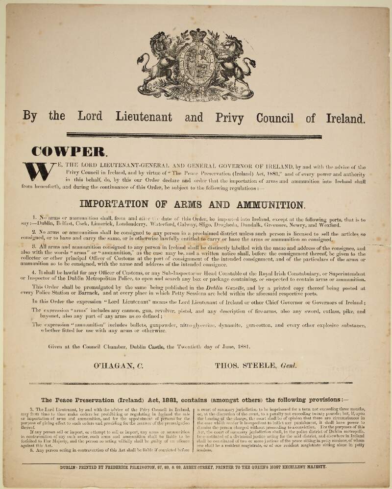By the Lord Lieutenant-General and Privy Council of Ireland...importation of arms and ammunition /
