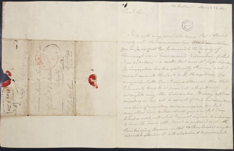 Letter from Thomas Lewis O'Beirne, Bishop of Meath, to Reverend H. Mahon, concerning Mahon's reccommendation of Mr. Roe to the curacy of Lemanaghan, which O'Beirne believed was based on him having a large family rather than on merit,
